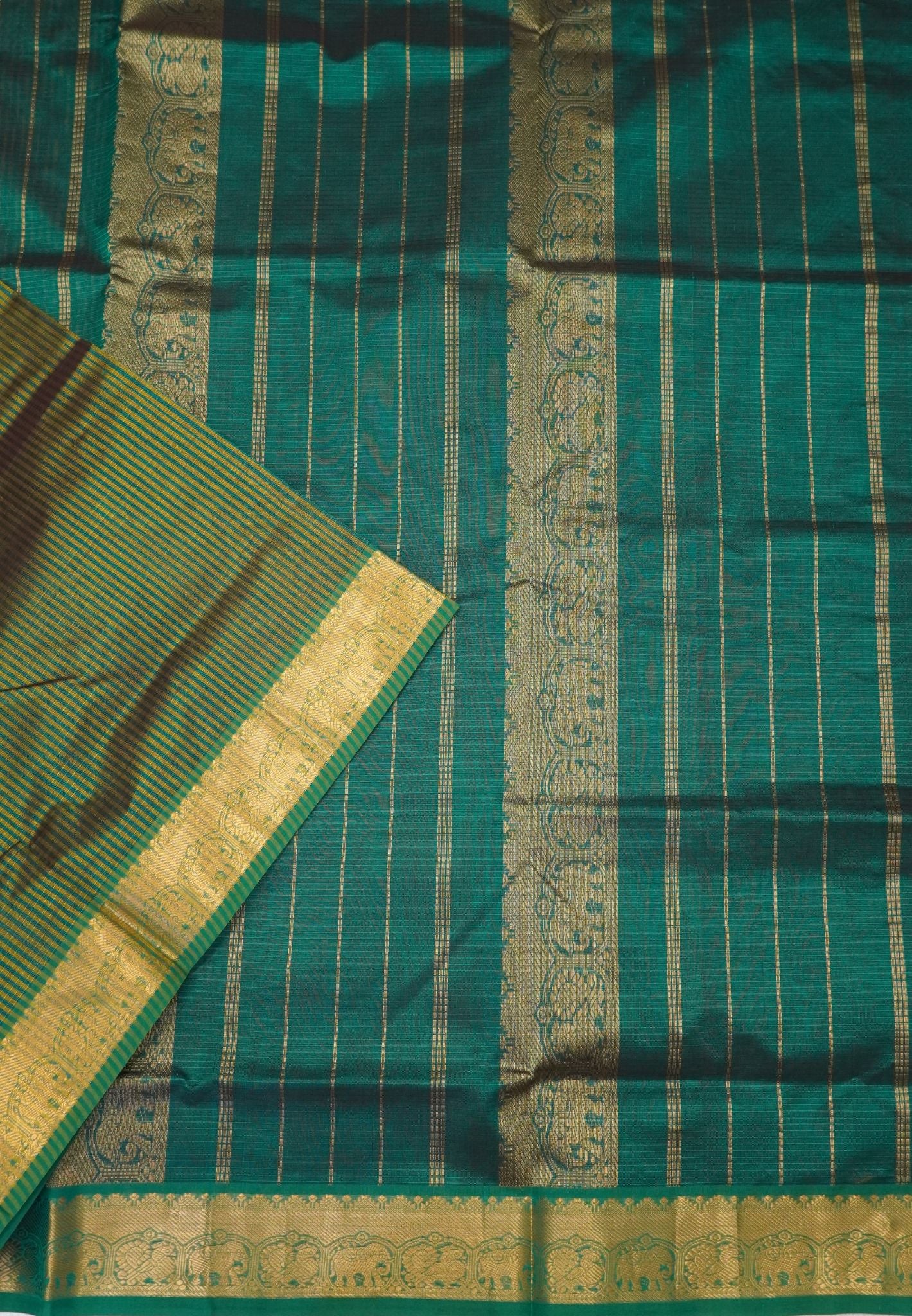 Pure Silk Cotton Saree-Olive Green Stripes with Zari Woven Border