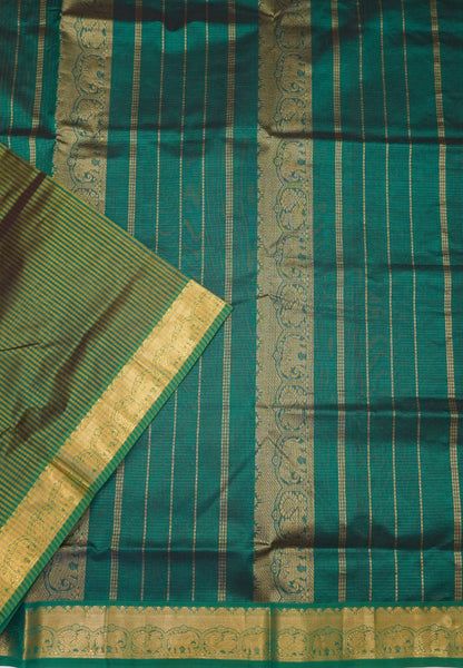 Pure Silk Cotton Saree-Olive Green Stripes with Zari Woven Border