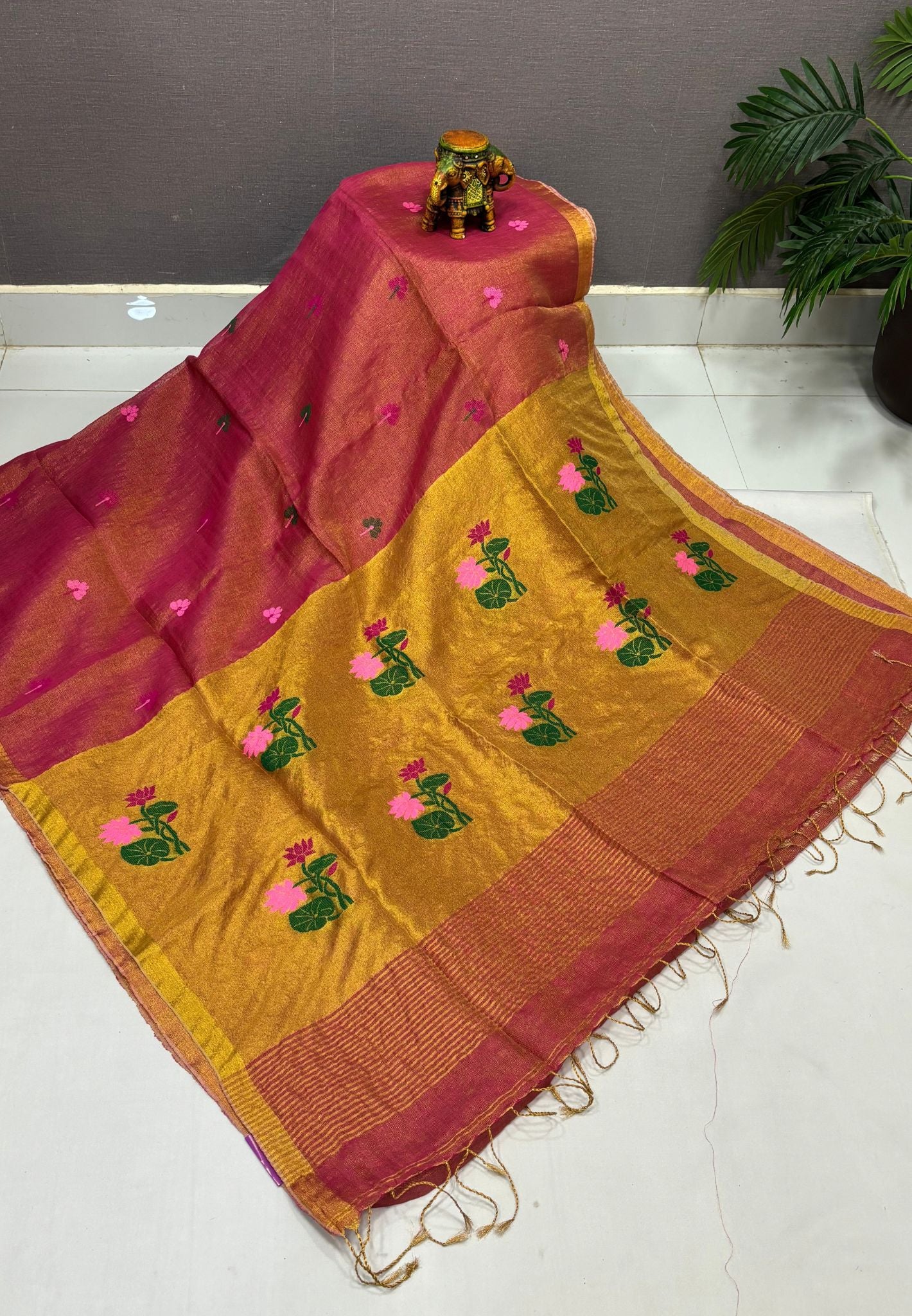 Tissue Silk Saree-Rani Pink In Lotus Motif Border