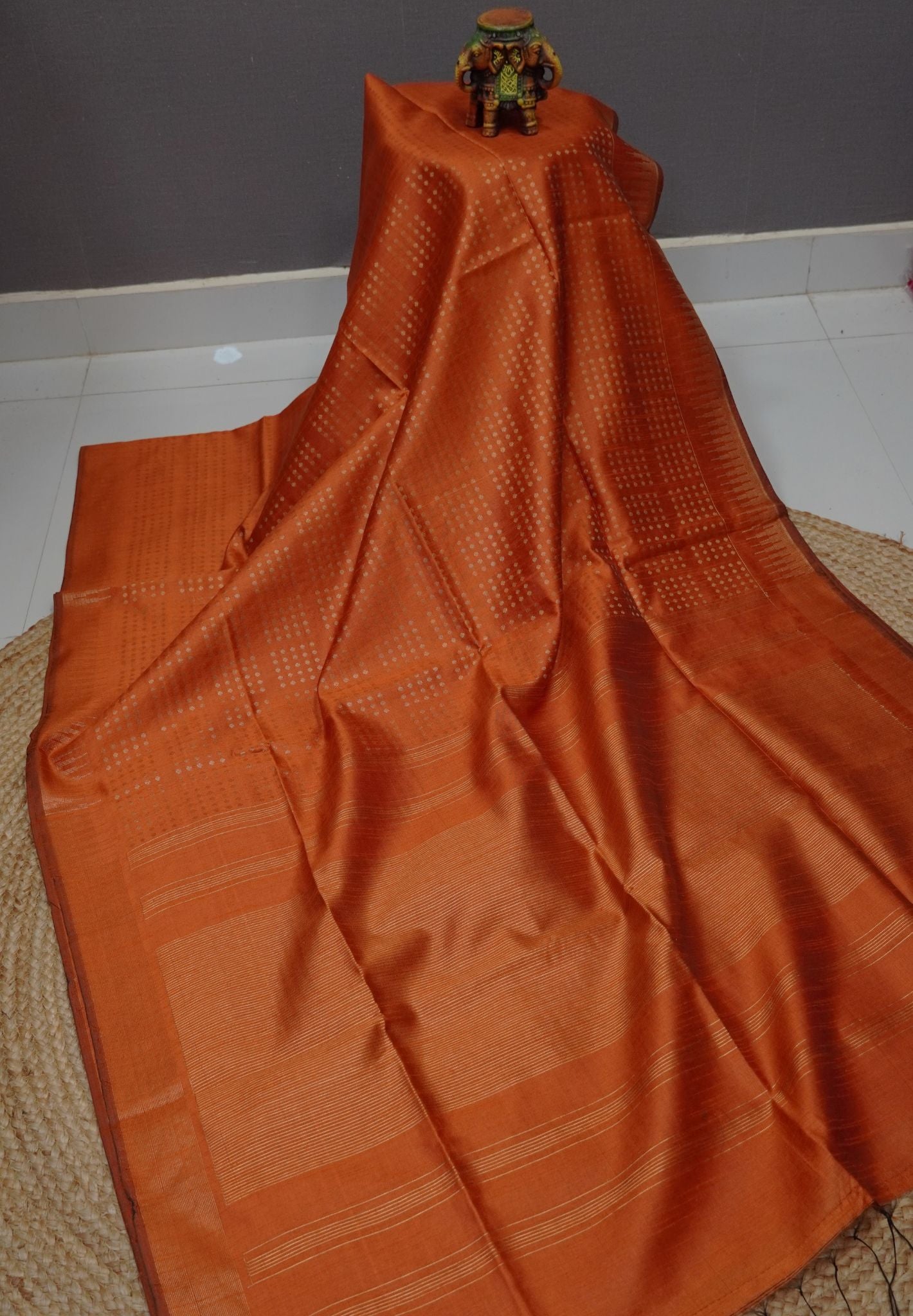 Semi Raw Silk Saree-Orange in Checked Zari