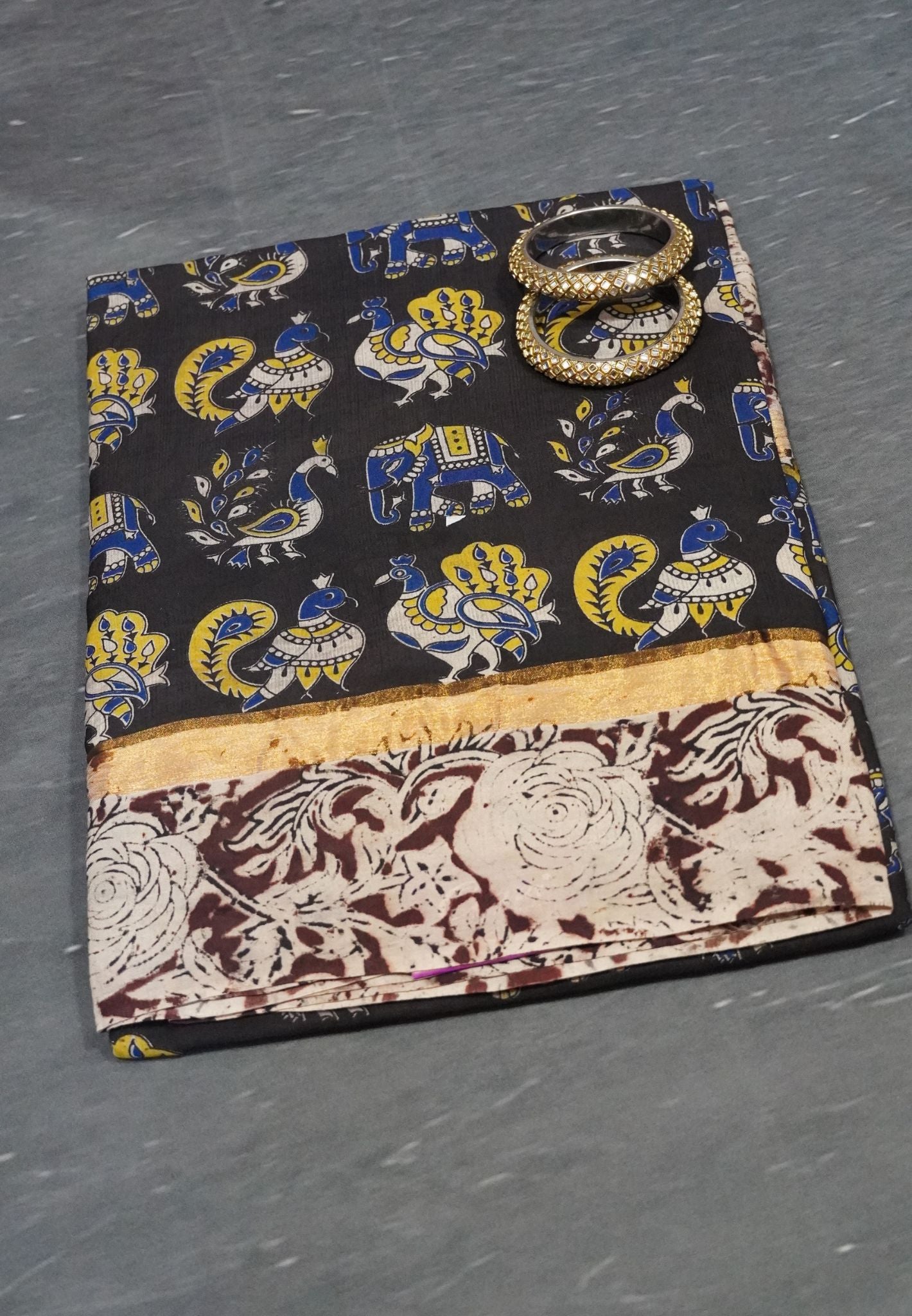 Kalamkari Silk Saree - Peacock Zari Black