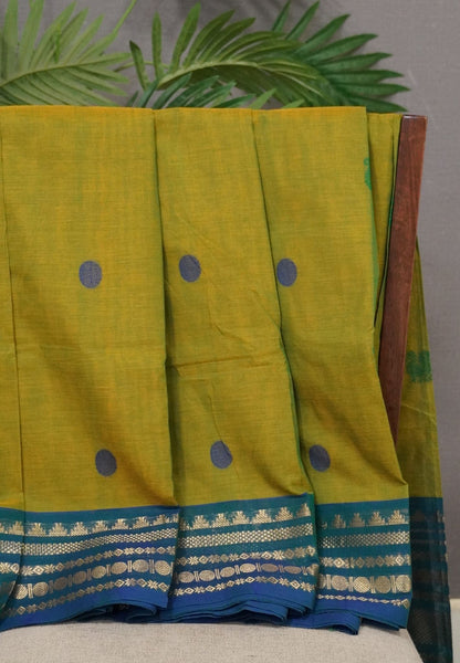 Chettinad Cotton Saree–Golden Green with Temple Zari Border