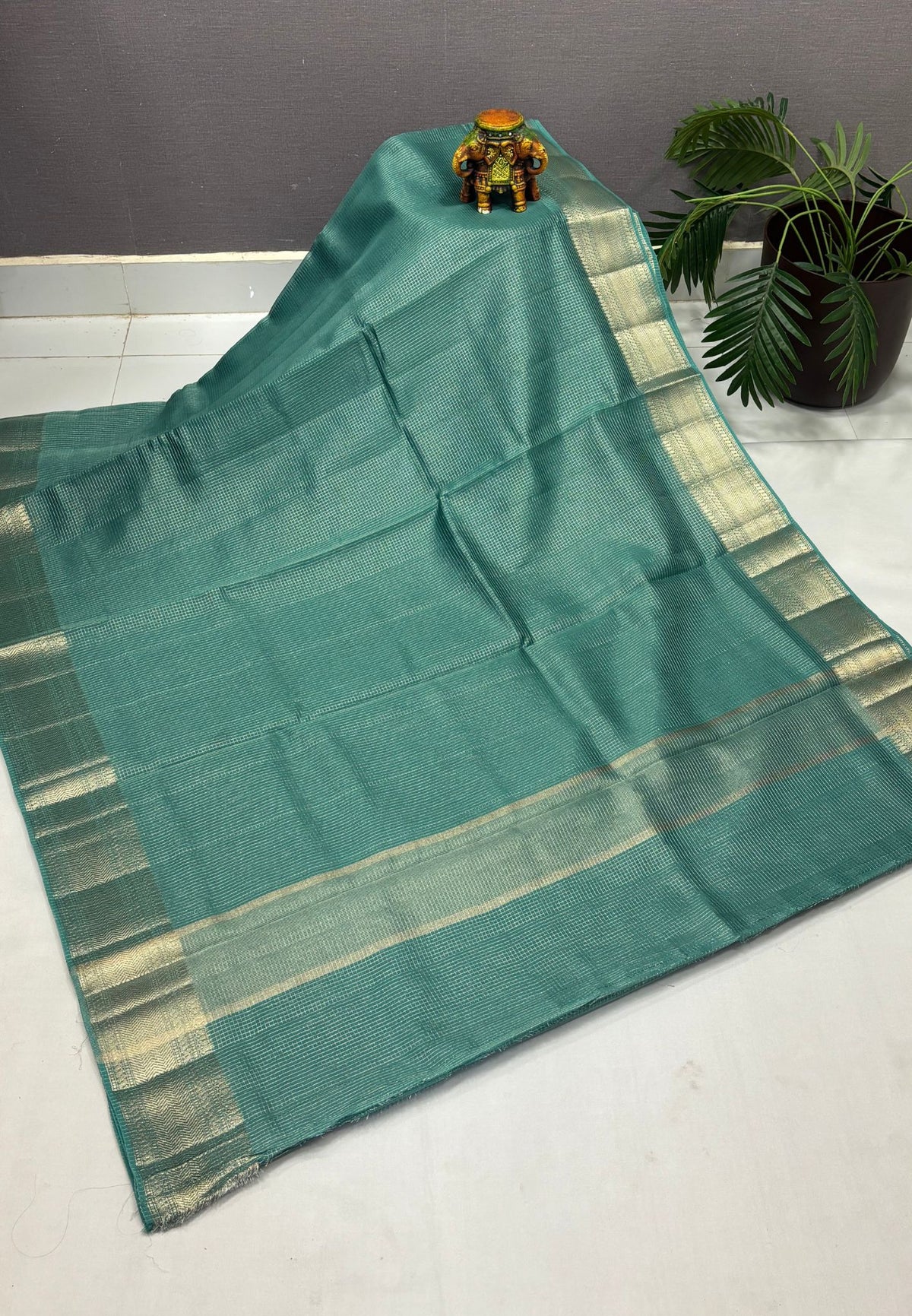 Mangalgiri Silk Saree-Sea Blue in Fine Check Zari Border