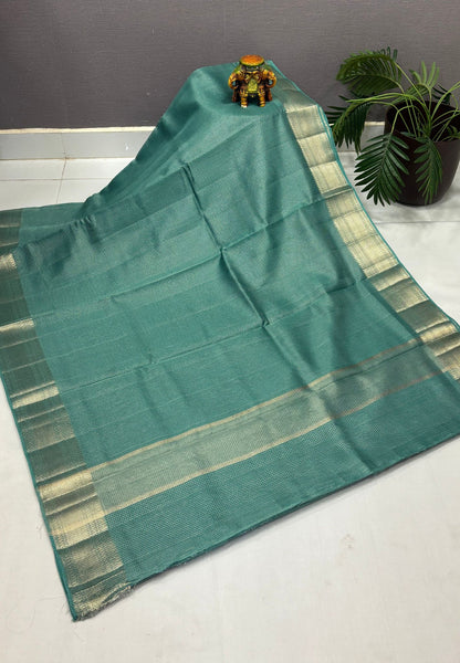 Mangalgiri Silk Saree-Sea Blue in Fine Check Zari Border