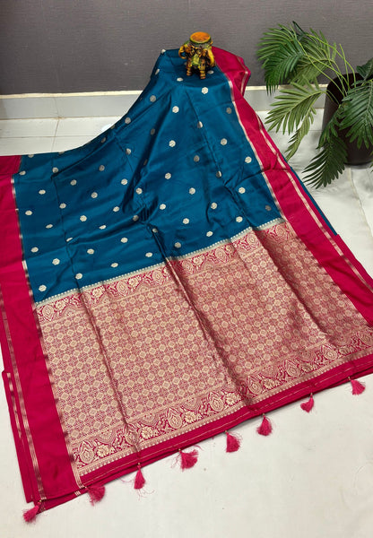 Gaji Silk Saree-Ramar Blue in Butta Retpet Zari with Contrast Border