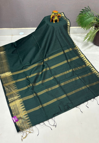 Handloom Silk Cotton Saree-Bottle Green in Temple Tower Zari Border