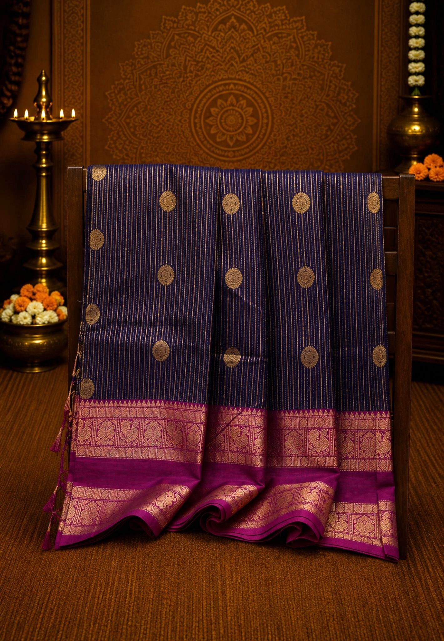 Chettinad Cotton Saree-Space Blue With Peacock & Floral Zari Border