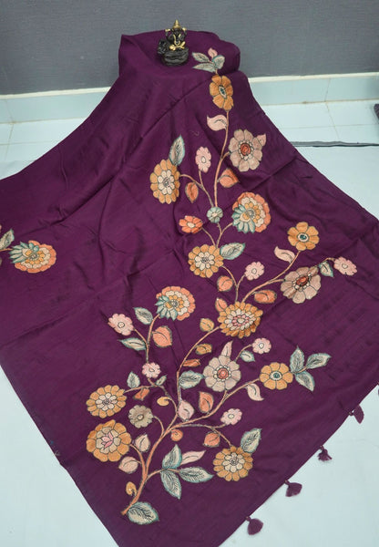 Semi Raw Silk Saree - Wine With Floral Hand-Painted Designs