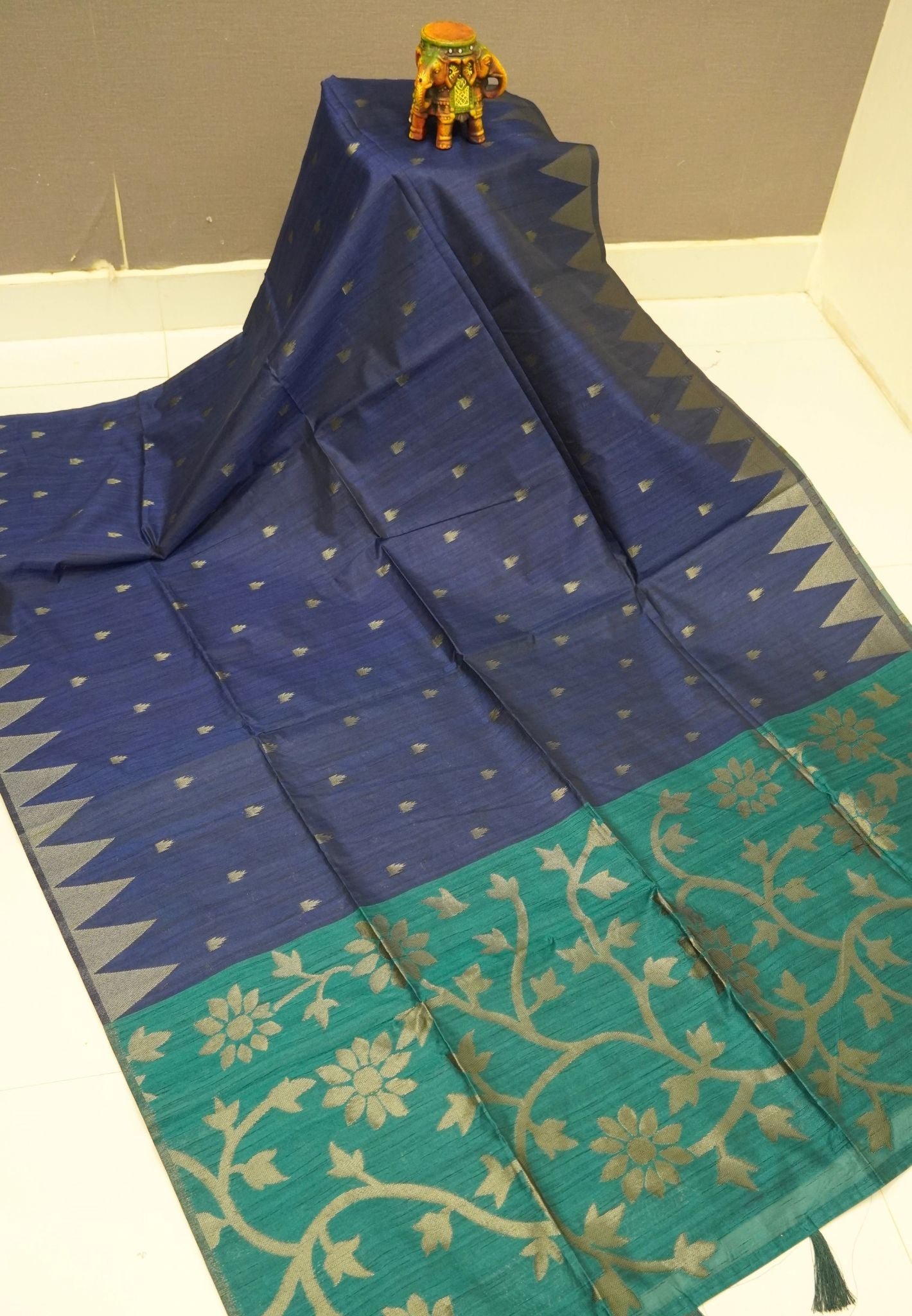 Semi Raw Silk Saree-Navy Blue in Antique Silver Zari Butta with Tower Border