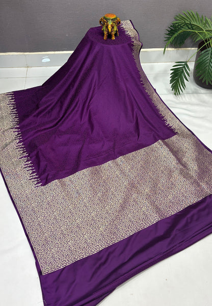 Crepe Silk Saree-Purple In Geometric Maze Zari Border