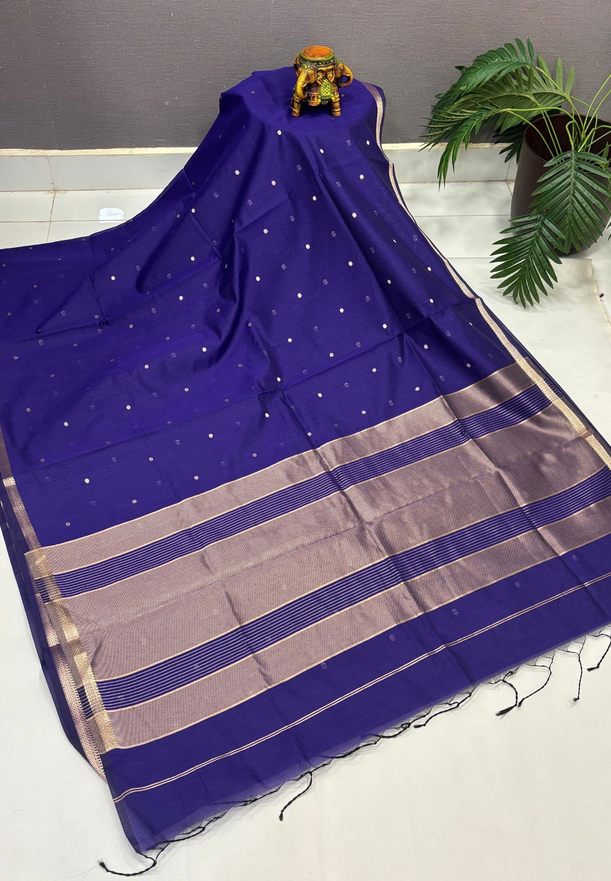 Semi Maheswari Saree-Violet In Double Line Zari Stripe Border