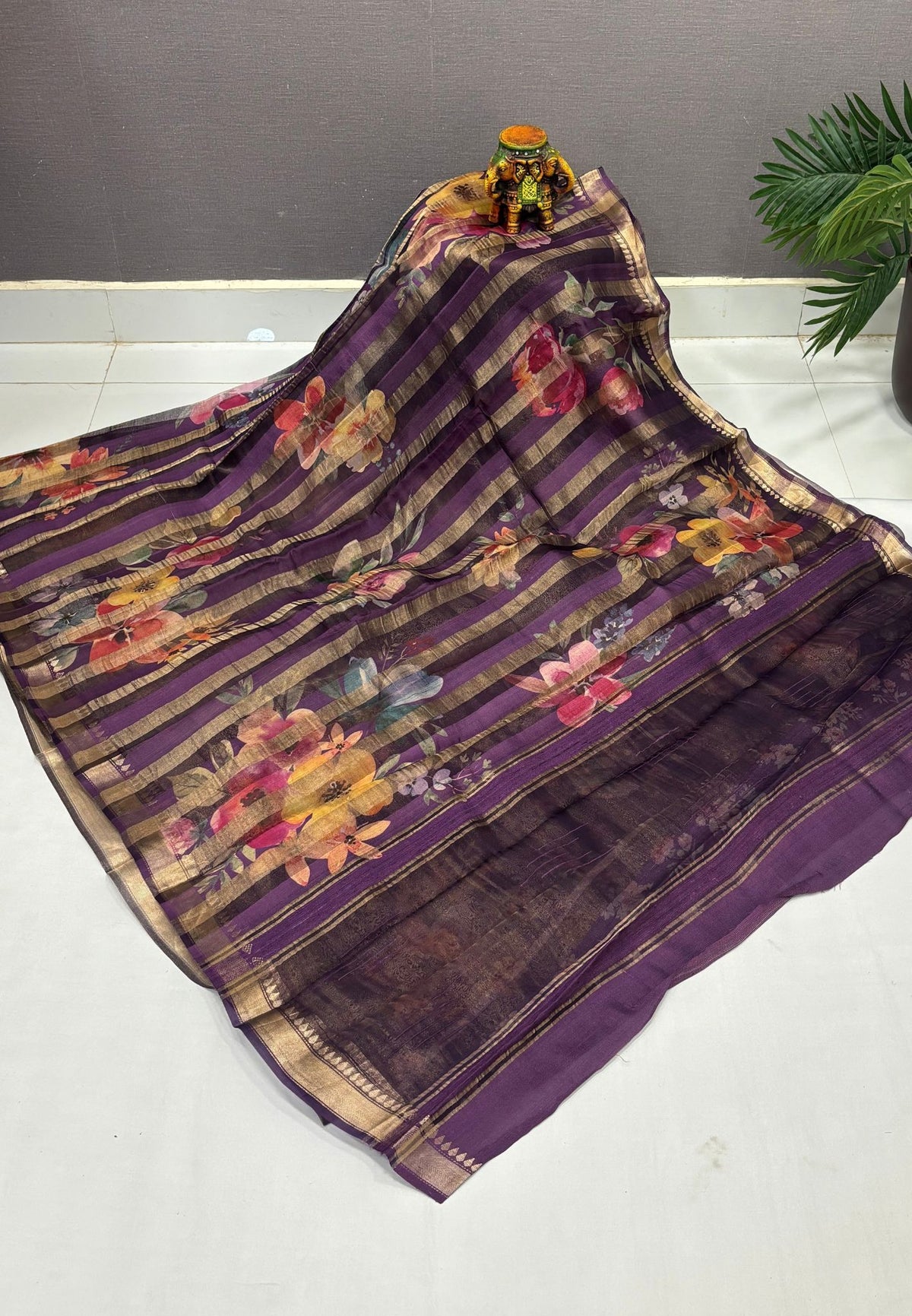 Pure Organza Tussar Saree-Purple In Multi-Stripe Zari Border