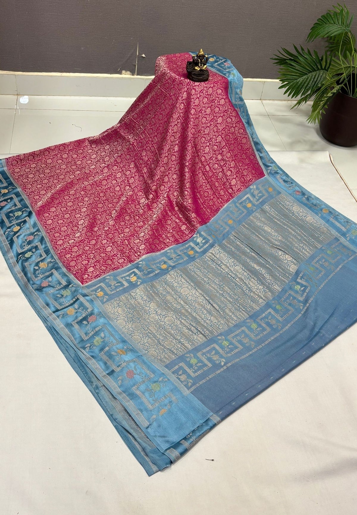 Banarasi Brocade Silk Saree-Rani Pink with Contrast Border