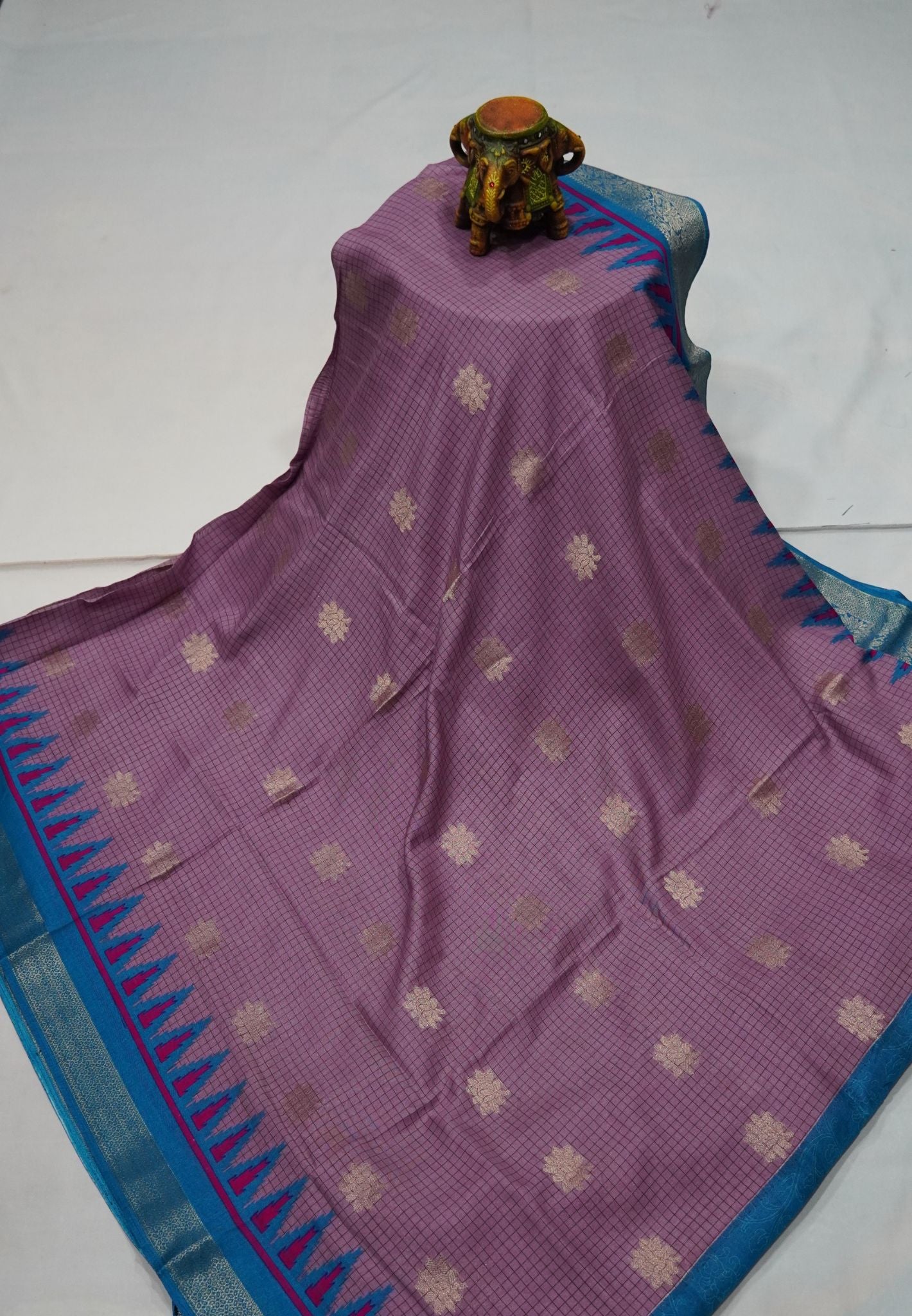 Dola Saree with Checks and Contrast Border- Mauve - Blue