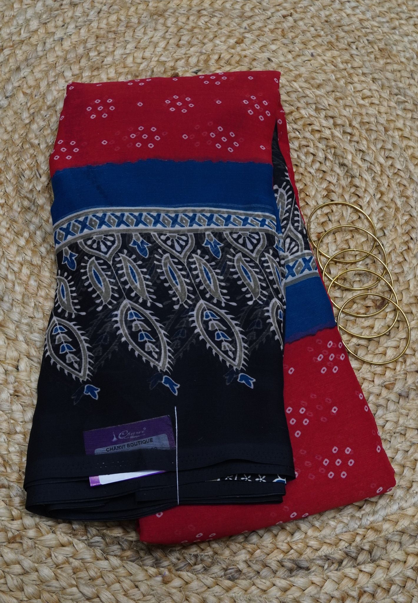 Chiffon Saree - Bandhini Red - Black