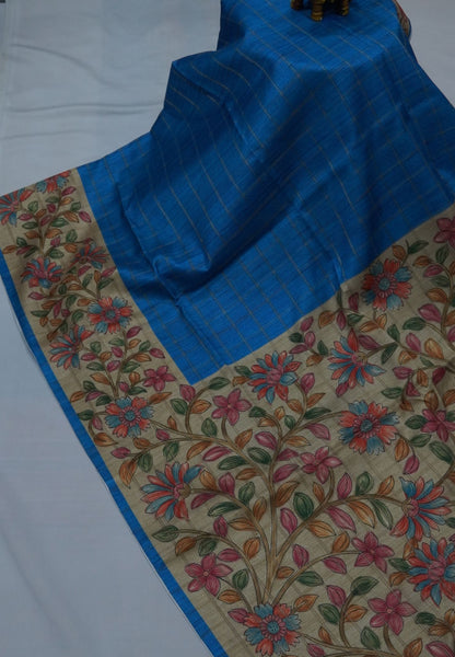 Semi Tussar Saree-Blue