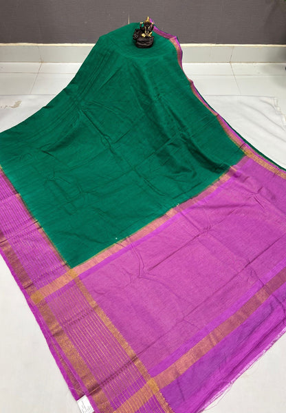 Raw Silk Saree-Teal Green With Contrast Border