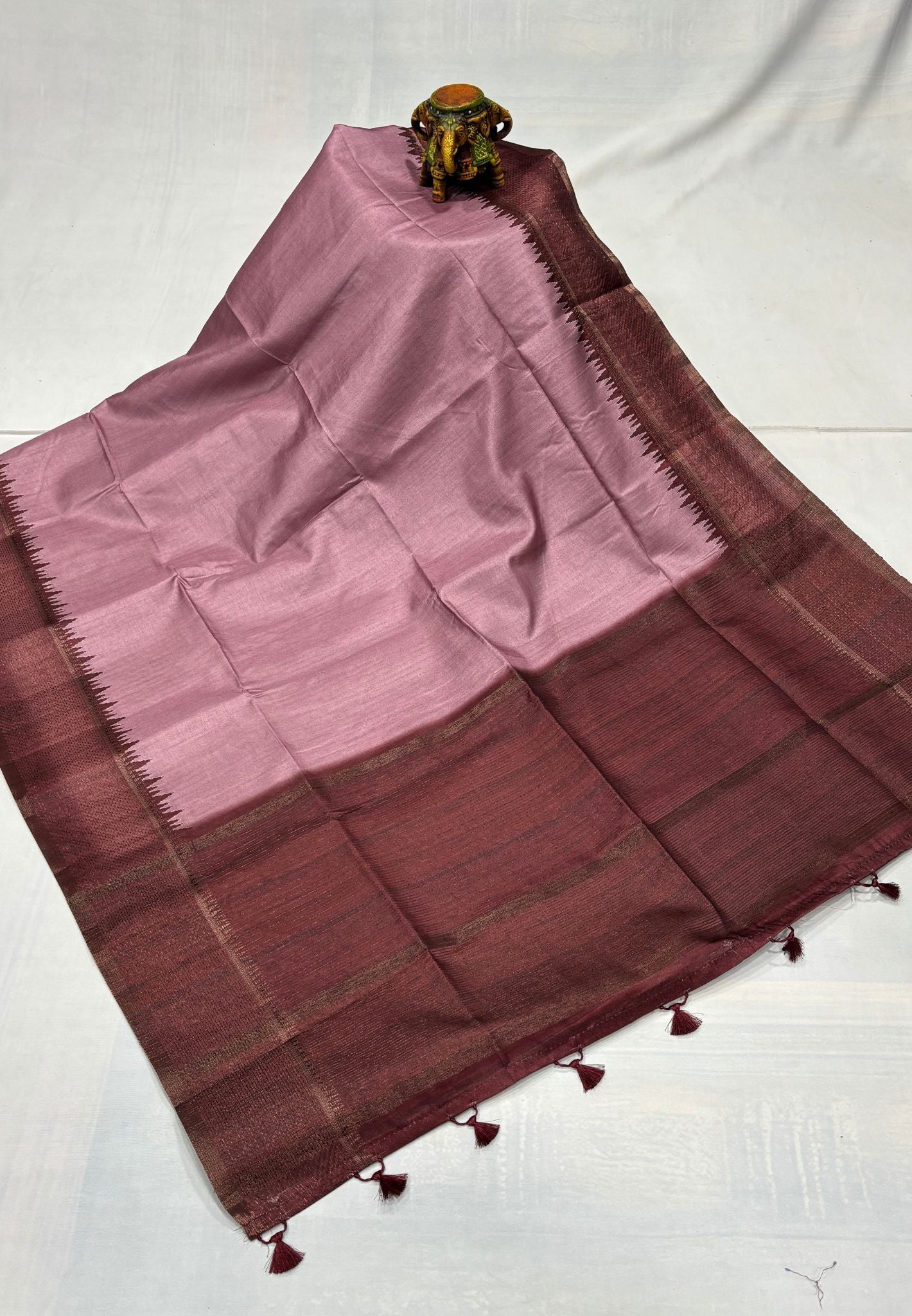 Semi Tussar Saree-Dusky Rose with Antique Zari Border