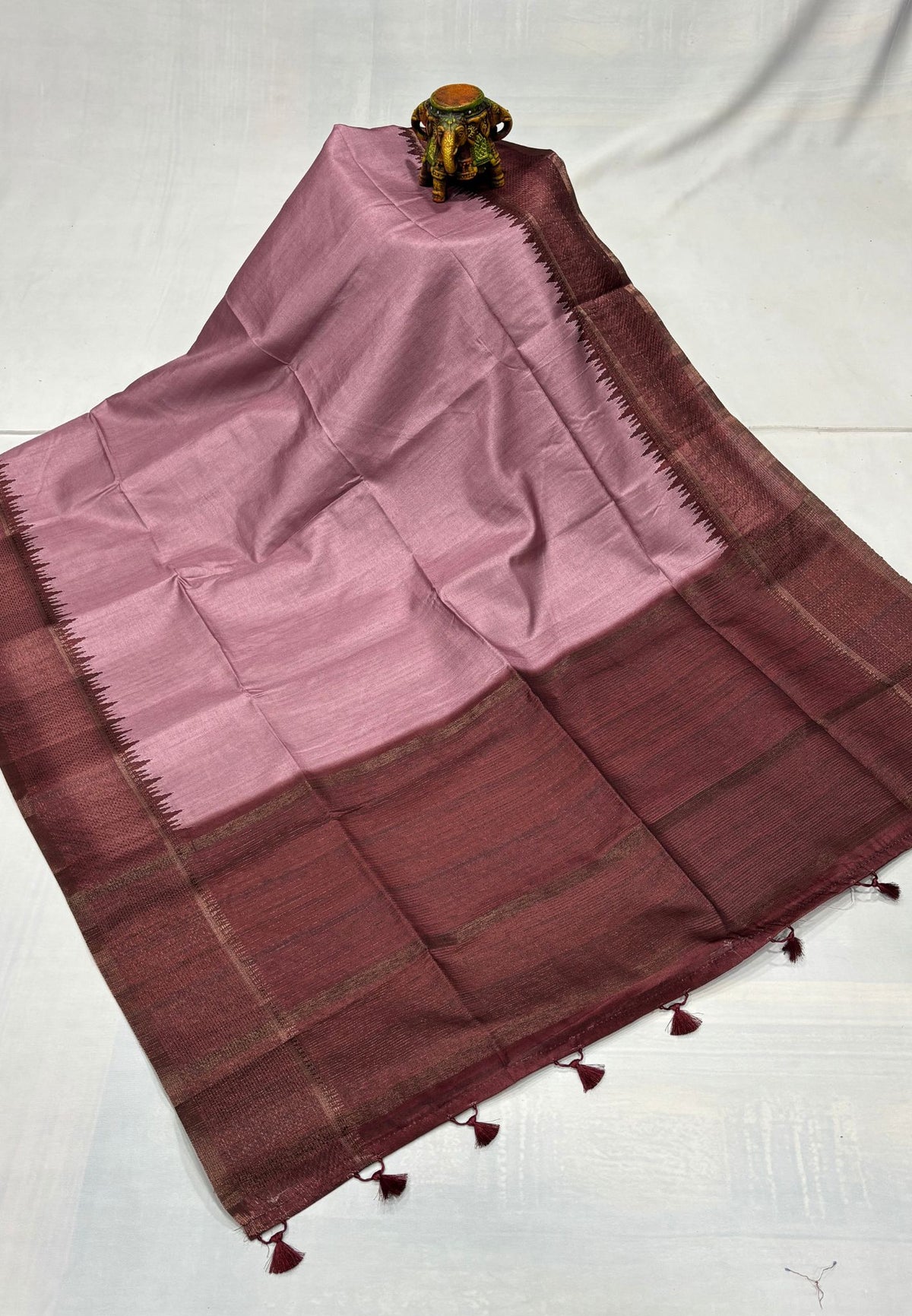 Semi Tussar Saree-Dusky Rose with Antique Zari Border