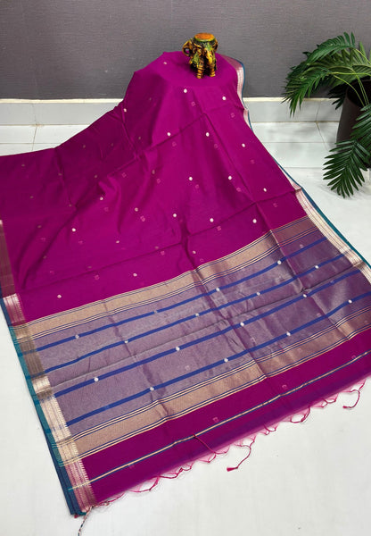 Handloom Cotton Saree-Magenta Pink In Horizontal Stripe Zari With Contrast Border