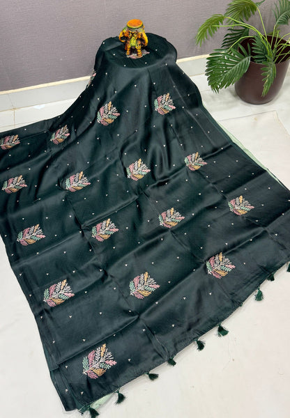 Blueberry Silk Saree-Bottle Green in Leaf Butta Embroidery Border