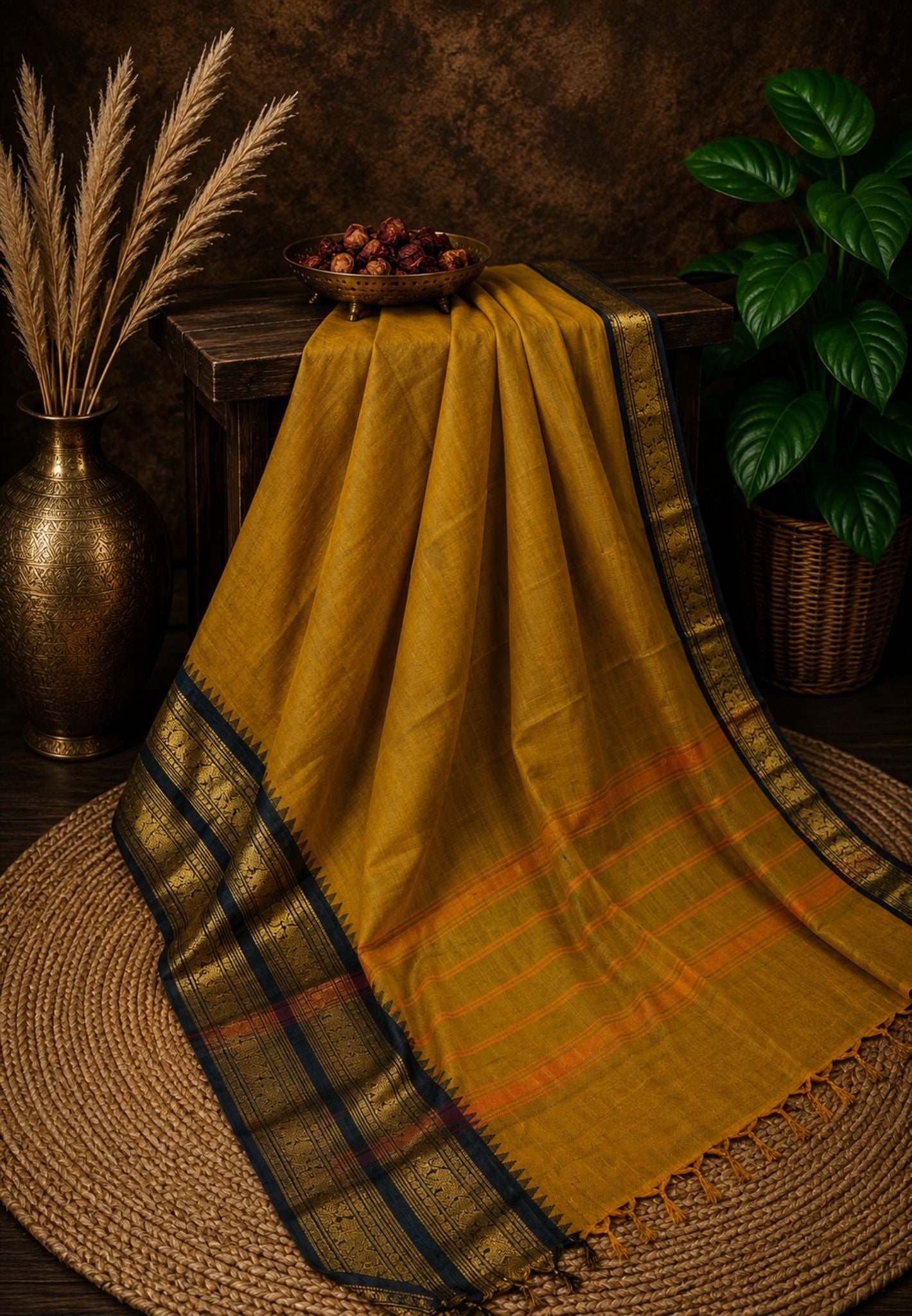 Chettinad Cotton Saree-Mustard with Contrast Border