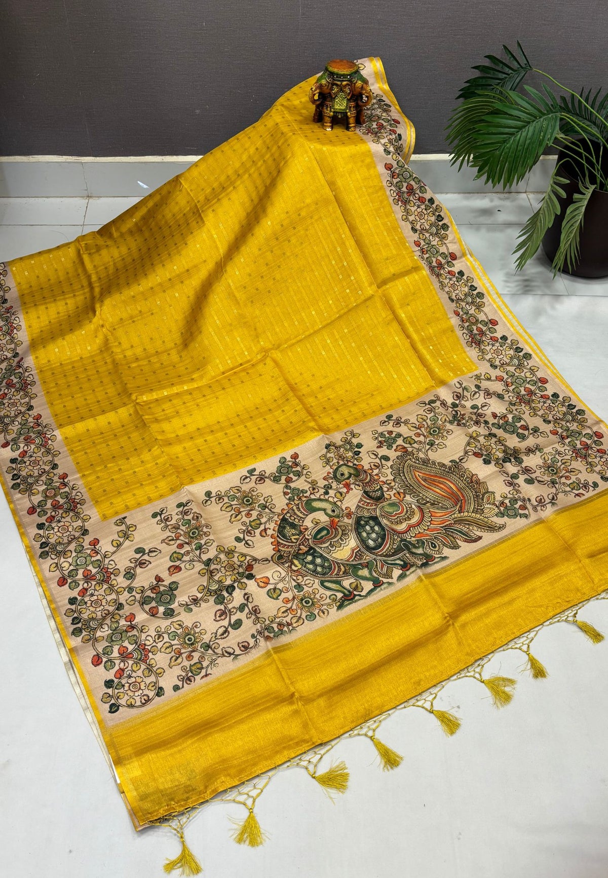 Semi Tussar Saree-Yellow in Kalamkari Peacock Floral Border