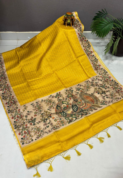 Semi Tussar Saree-Yellow in Kalamkari Peacock Floral Border