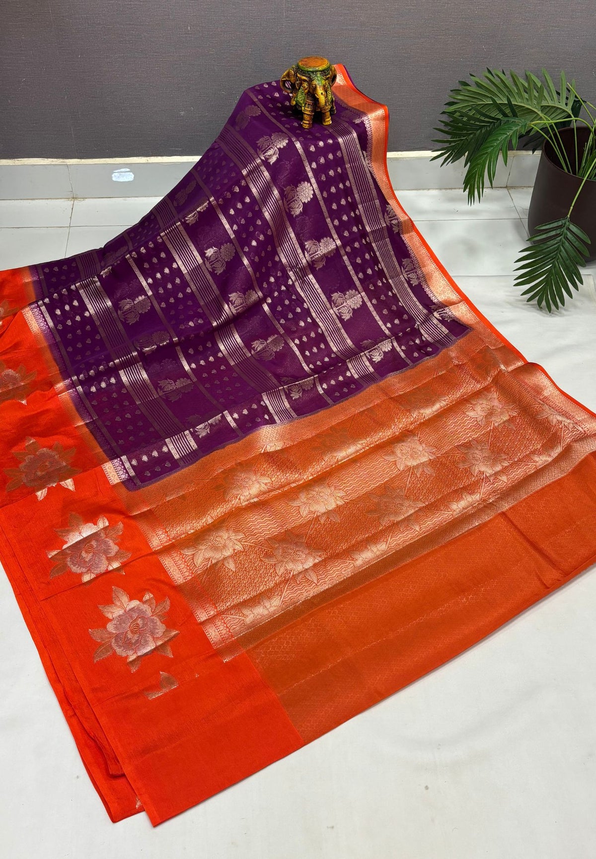 Kathan Silk Saree-Wine In Floral Brocade Zari Border