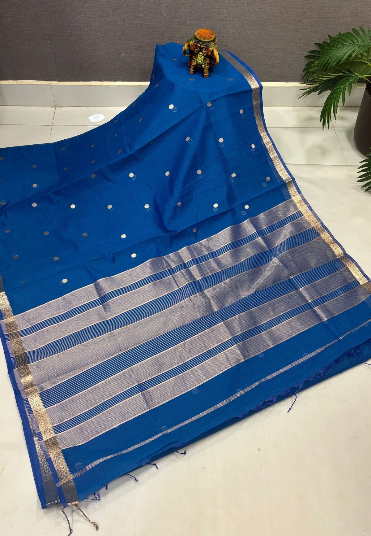Semi Maheswari Saree-Sulphate Blue In Multi-Stripe Zari Border