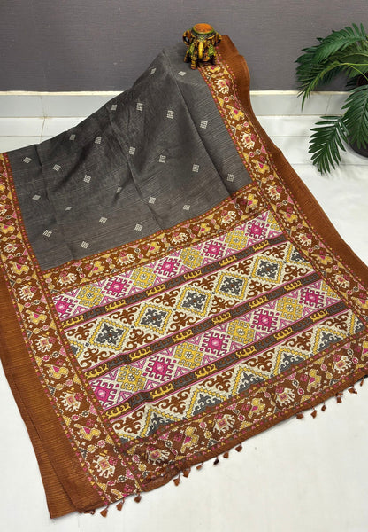 Jute Tussar Saree-Grey In Patola Print Border