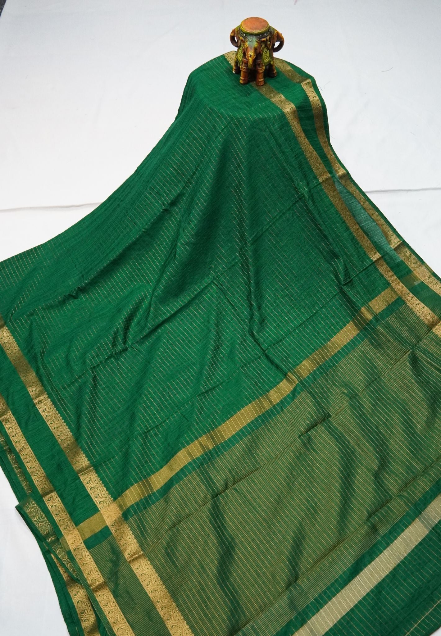Semi Raw Silk Saree – Classic Zari Stripes - Bottle Green