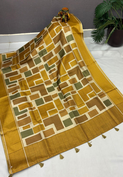 Tussar Saree-Mustard in Geometric 3D Square Pattern Border