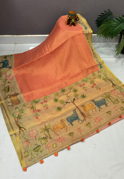 Tissue Linen Saree-Orange in Pichwai Art Printed Border