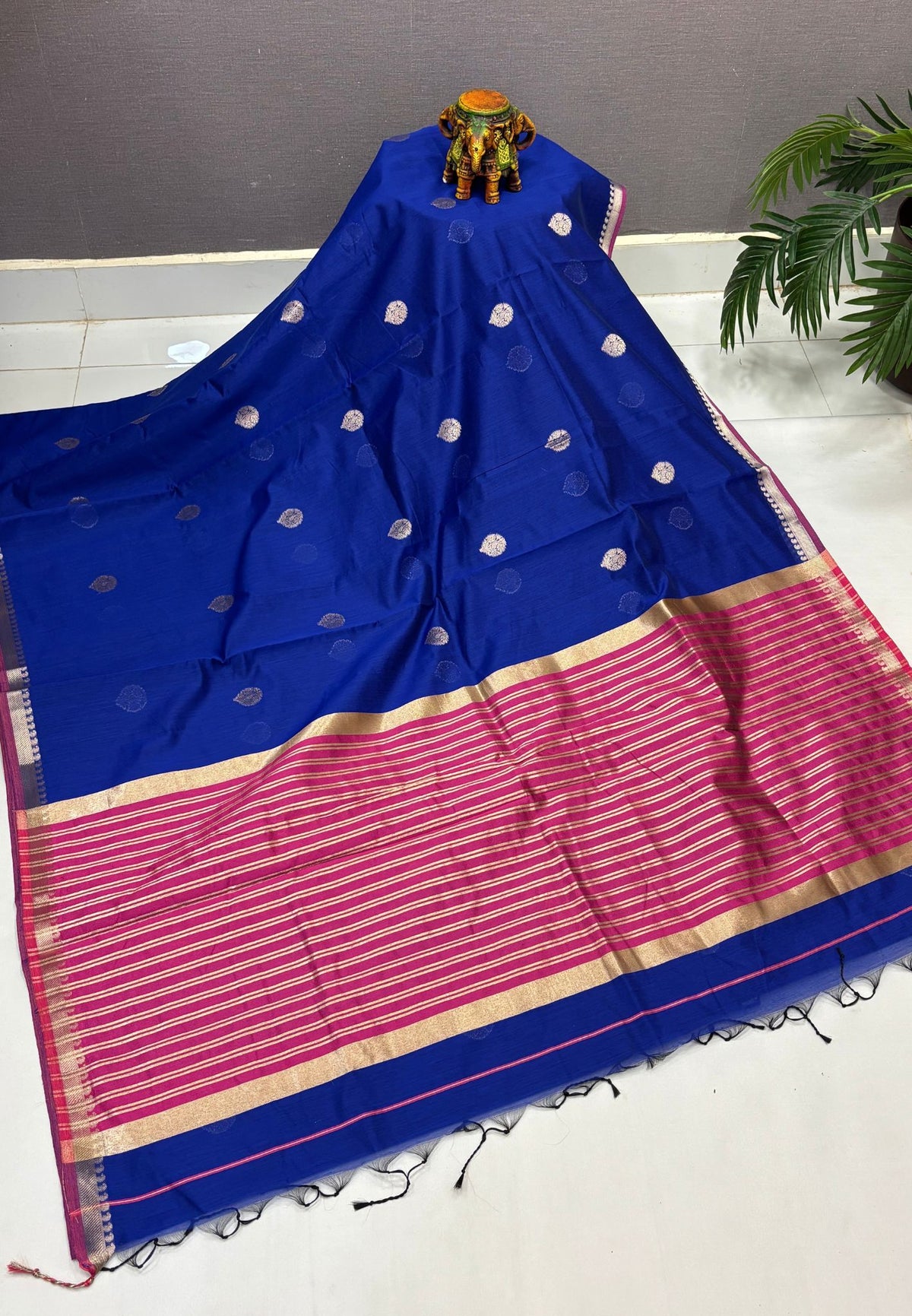 Semi Maheswari Saree-Ms Blue In Golden Stripe Border