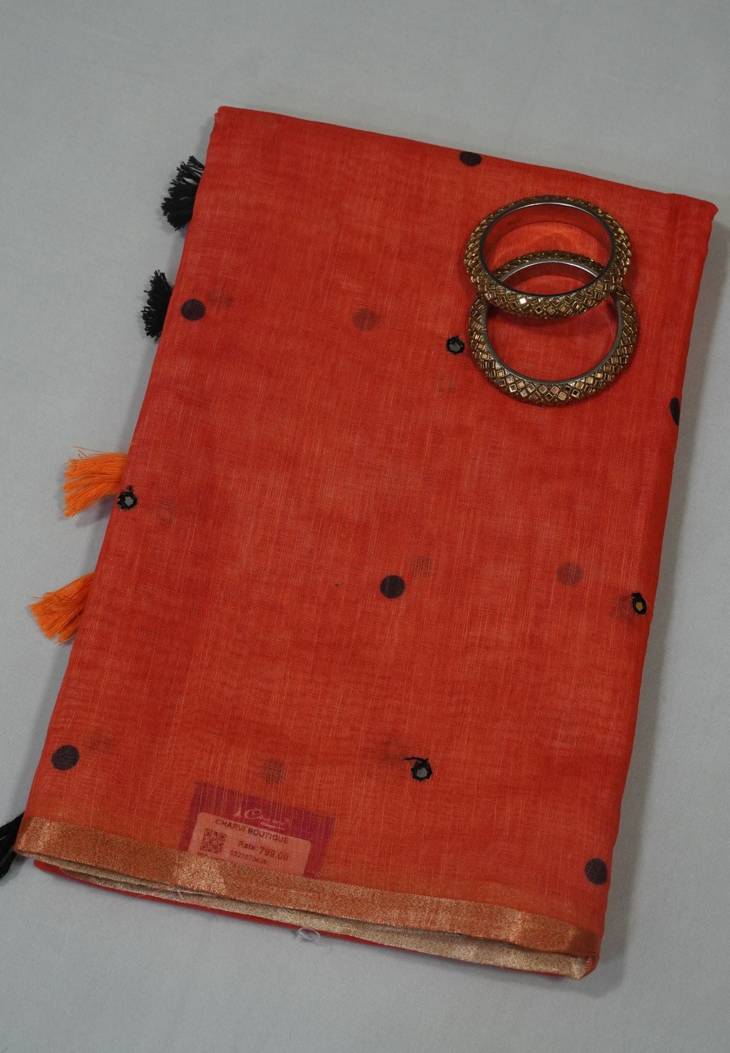 Linen Saree - Orange with Mirror Work