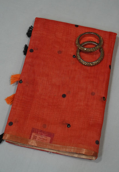 Linen Saree - Orange with Mirror Work