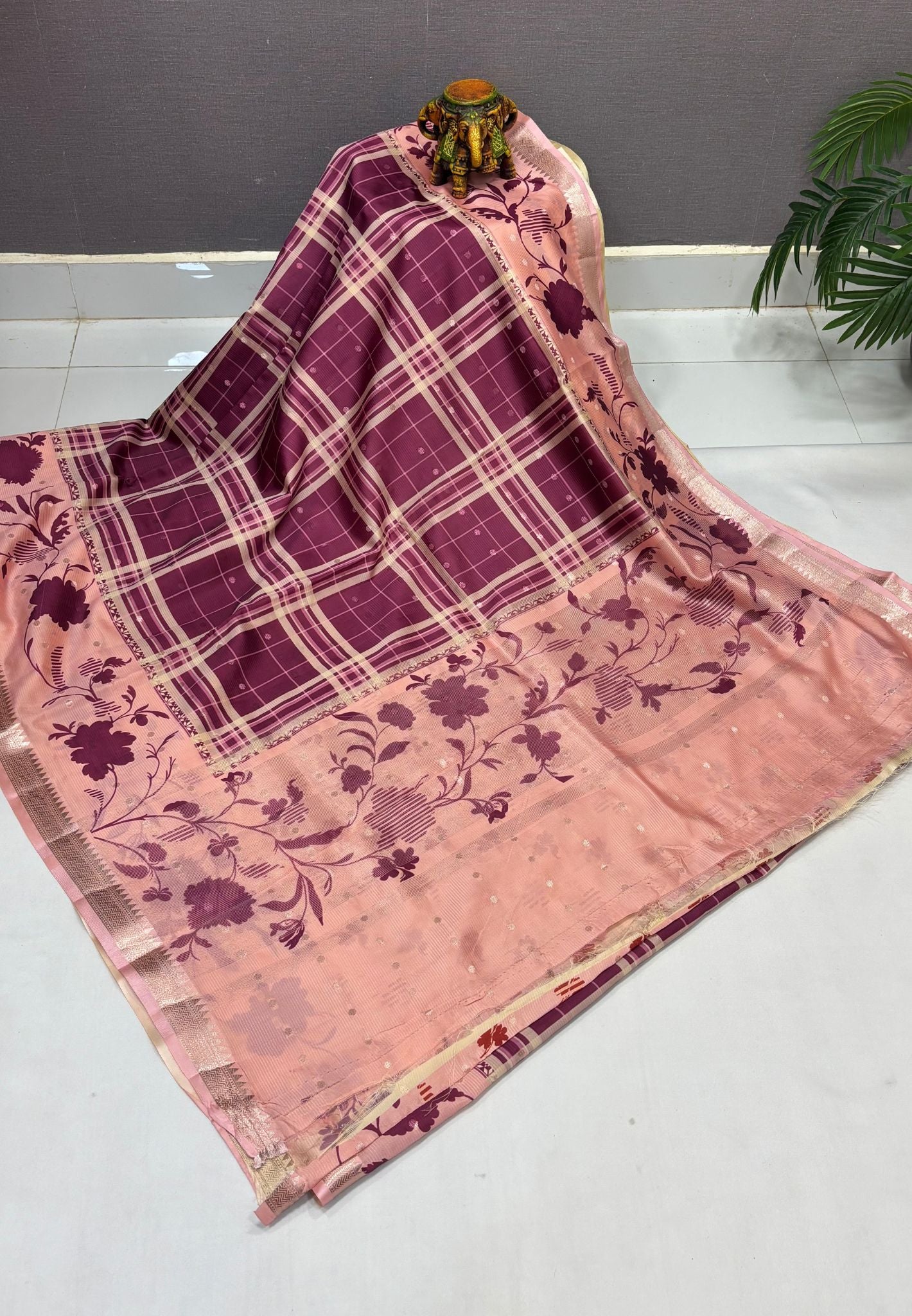 Gaji Silk Saree-Purple In Hibiscus Floral Border