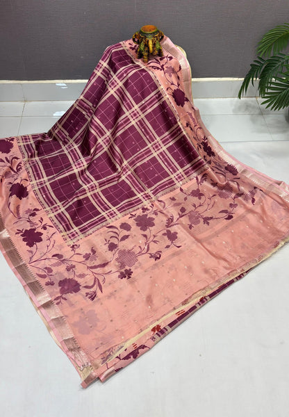 Soft Tussar Saree-Purple In Hibiscus Floral Border