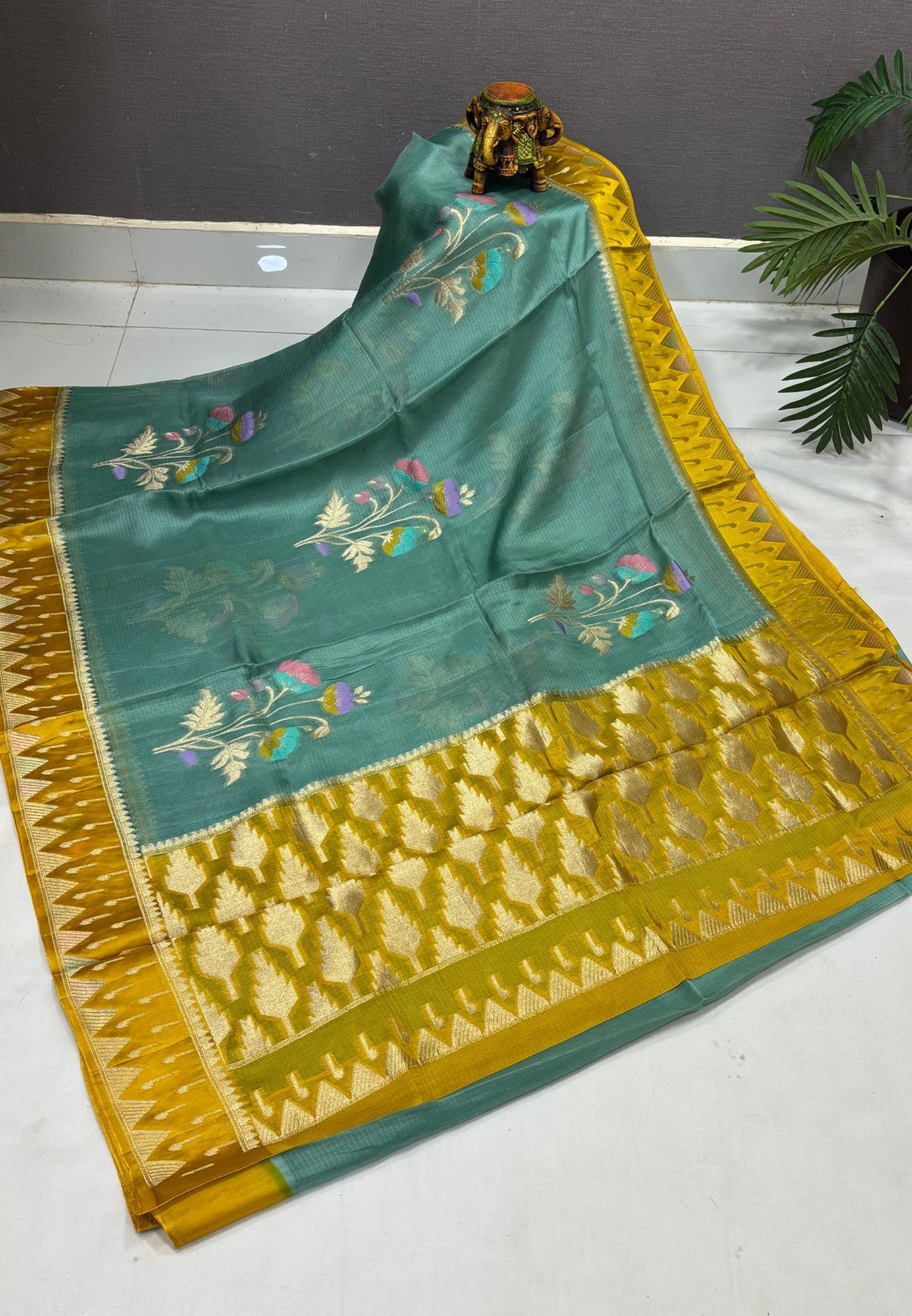 Silk Kota Saree-Sea Blue in Traditional Ikat-Inspired Zari Border