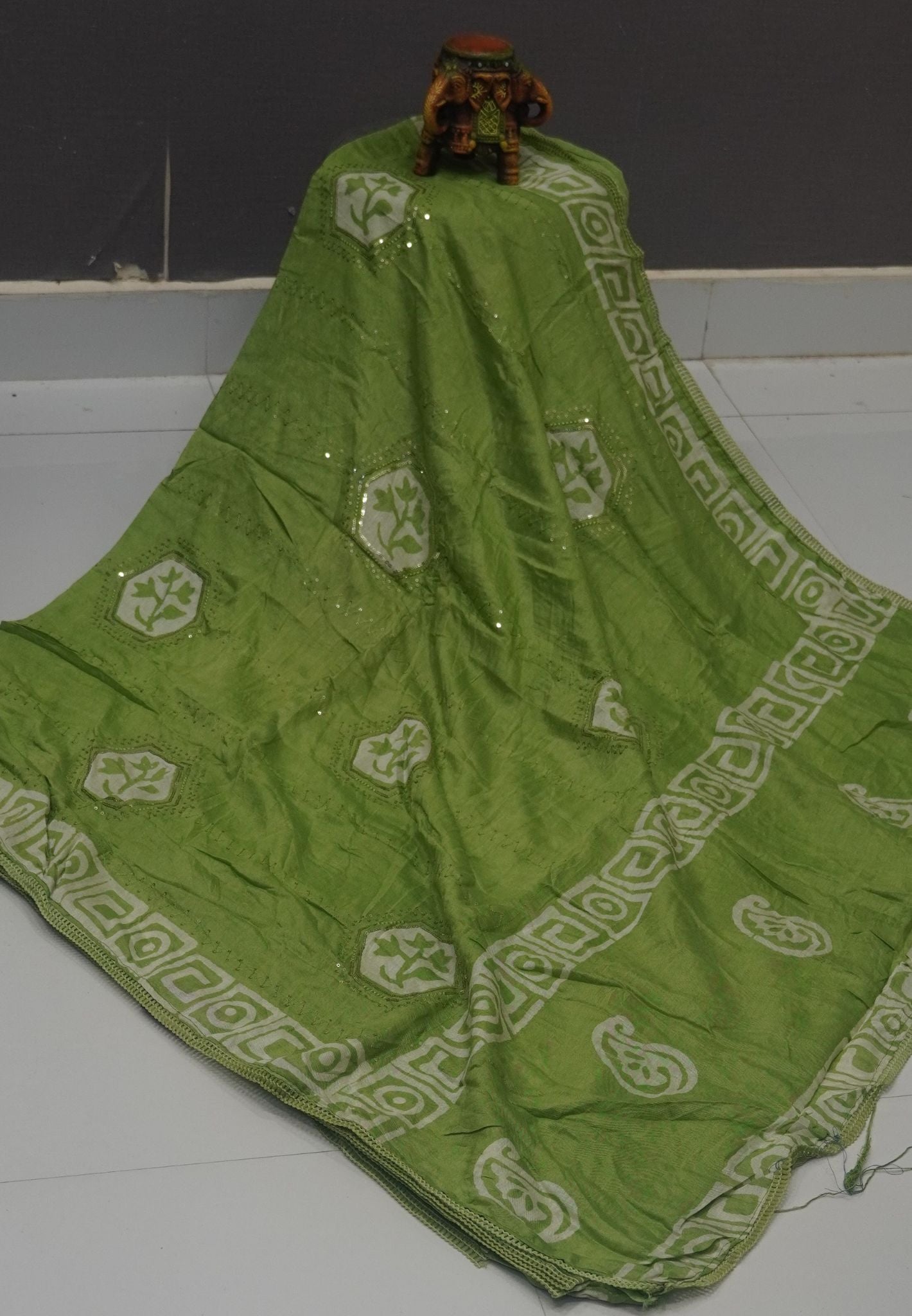 Batick Cotton Saree- Light Green with Sequence Work