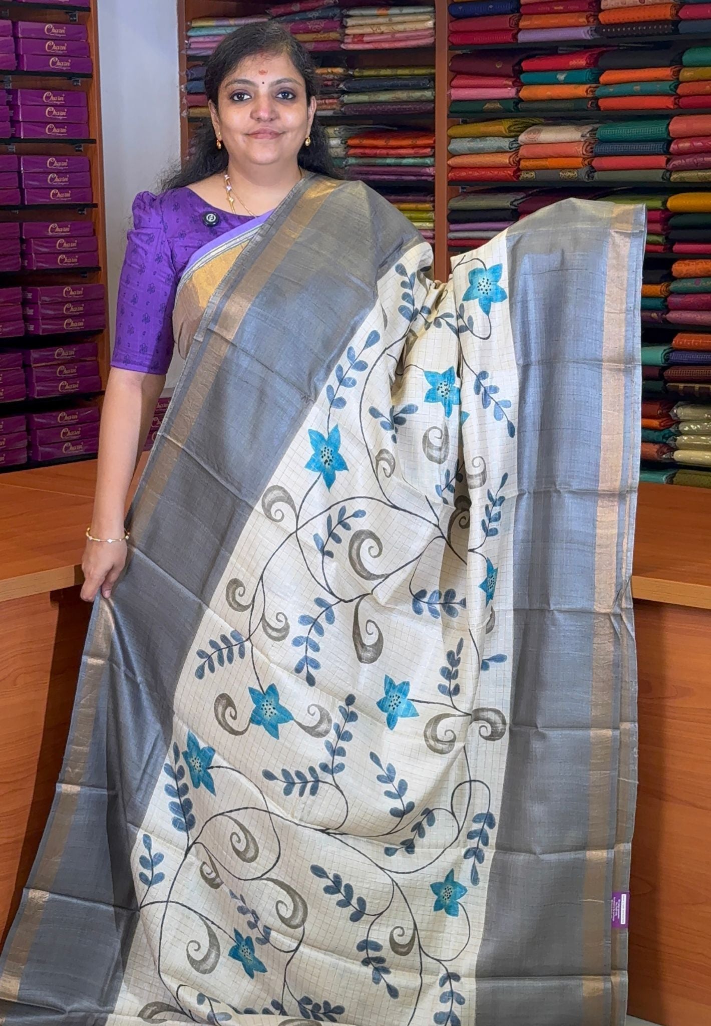 Pure Tussar Saree-Beige with Floral Vine Saree