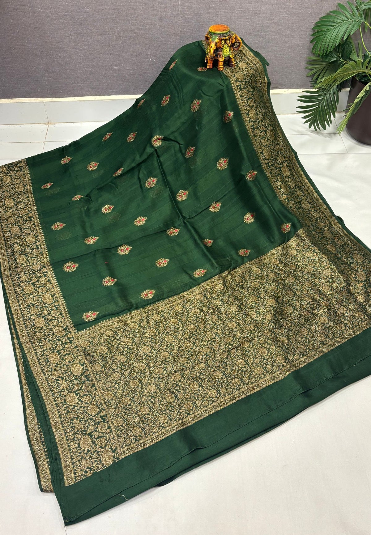 Banarasi Tussar Saree-Sage Green in Floral Brocade Zari Border