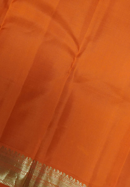 Pure Korvai Kanchipuram Silk Saree-Bottle green - Orange with peacock butta
