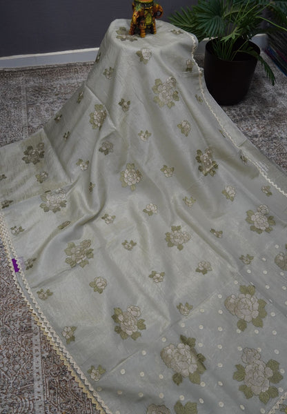 Paper Work Saree - Metalic Green