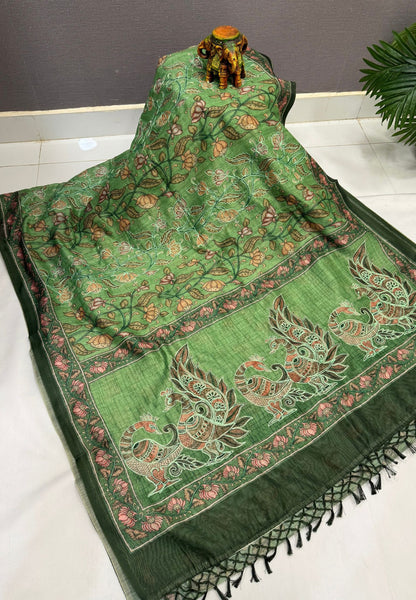 Chanderi Saree-Green In Floral Peacock Border