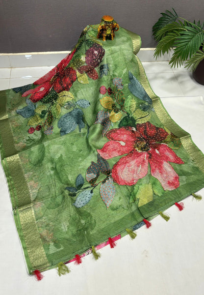 Kota Saree-Green In French Knot Floral Border