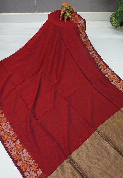 Handloom Cotton Saree-Red Marigold Floral Jamdhani Border