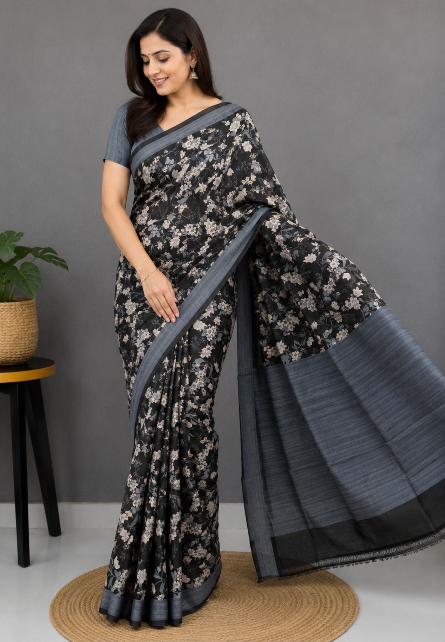 Pure Tussar Saree-Black in Floral Pattern