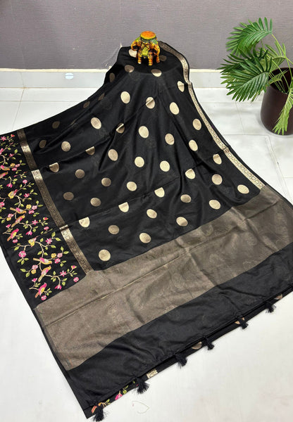 Tussar Saree-Black In Bird & Floral Border